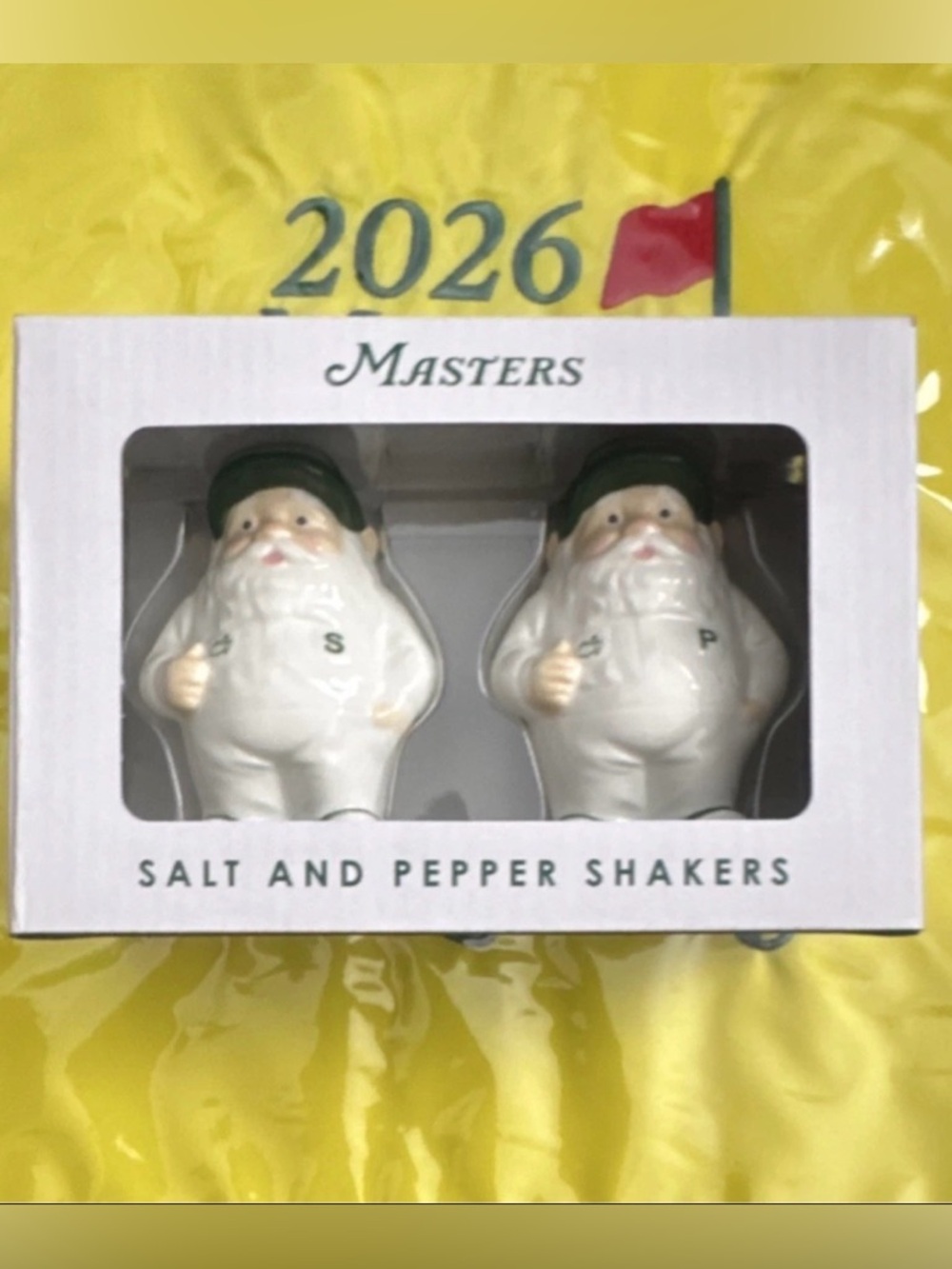 Masters Ceramic Gnome Caddie Salt & Pepper Shakers Set of 2 White/Green Golf
